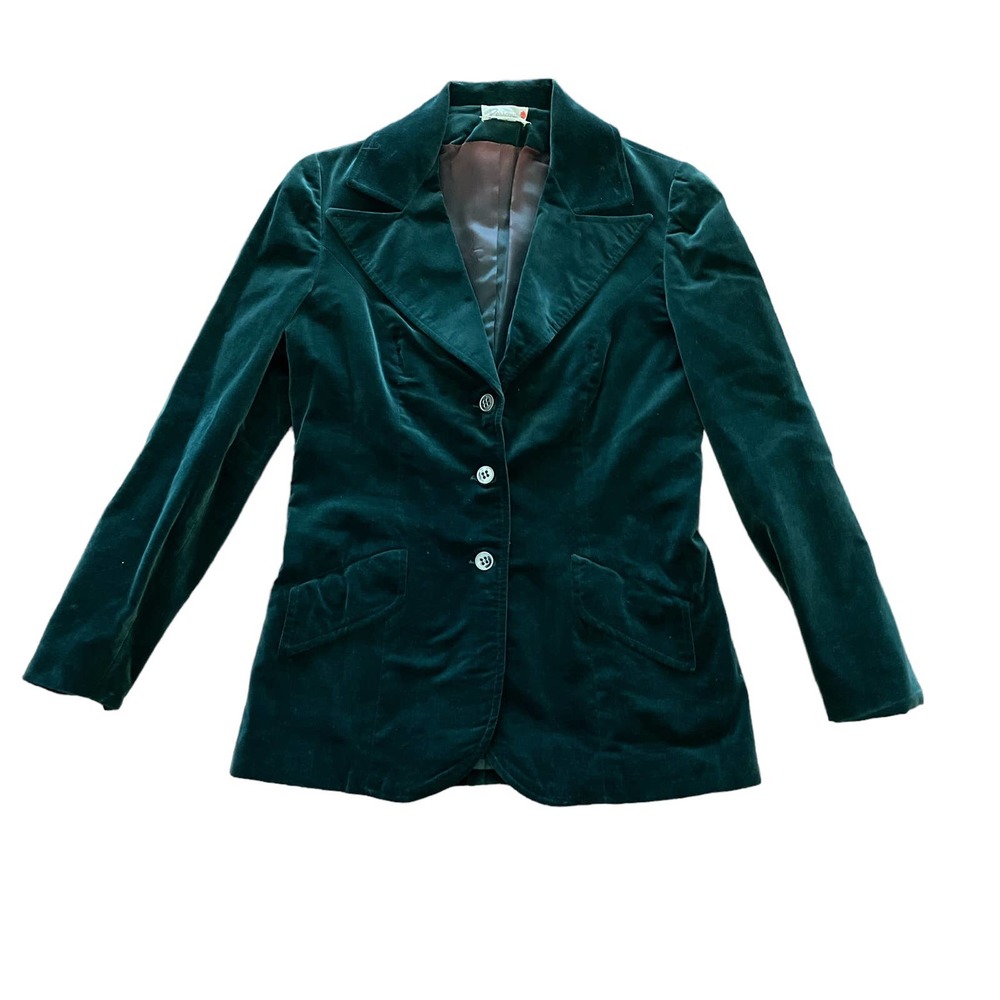 1970s VTG Personal Emerald Green Velvet Button Up Blazer Suit Jacket Size 8